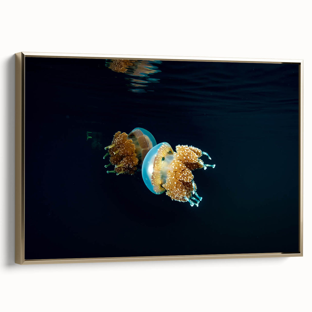 Framed canvas wall art depicting a serene Micronesian landscape in muted earth tones, ideal for bedroom decor.