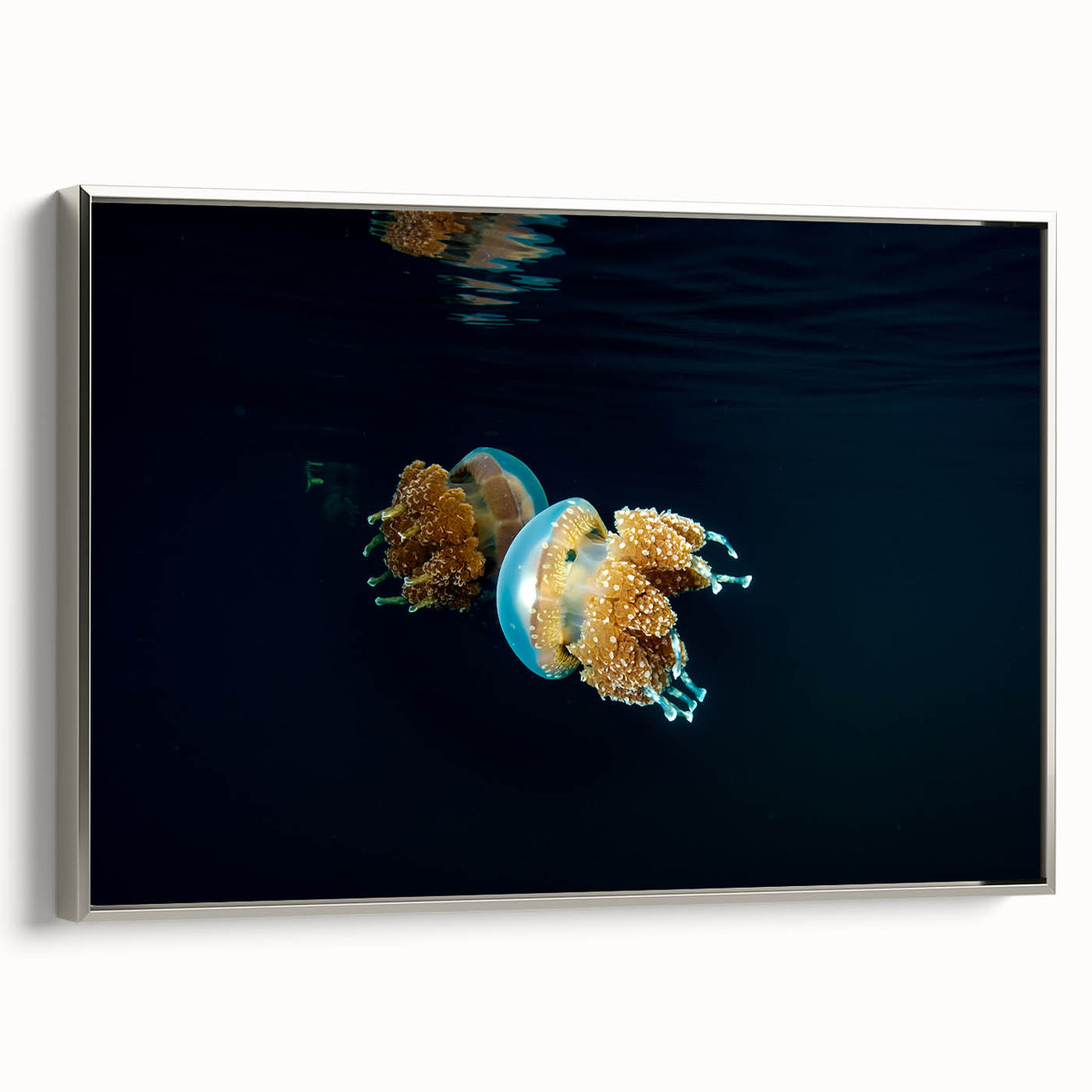 Landscape art painting of a Micronesian ocean scene on framed canvas, featuring vibrant blue and green tones.