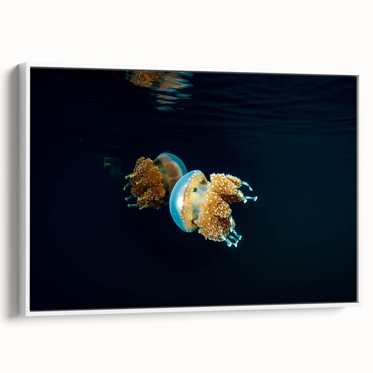 Vintage poster art of Oceania scenery on framed canvas, featuring colorful art with black accents.