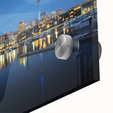 Large abstract wall art of Auckland's oceanic scenery in muted blue tones on acrylic glass, ideal for dining room ambiance.