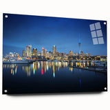 Acrylic print of Auckland skyline in muted blue and gray tones, ideal for bedroom or dining room decor.