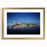 Extra large wall art of an abstract, textured depiction of Auckland's skyline in gold frame, suitable for living room decor.