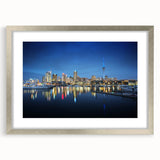 Textured art print of Auckland skyline in muted gray and blue tones on a framed canvas, suitable for bedroom art.