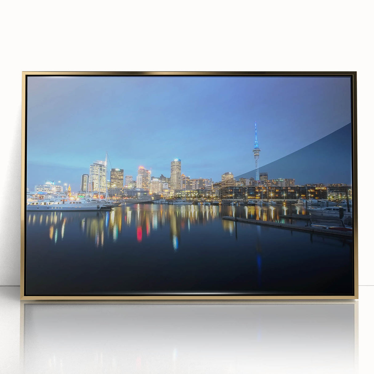 Mid-century modernist art depicting the Auckland skyline in muted blue and gold tones, framed acrylic print.