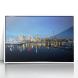 Framed acrylic print of Auckland skyline in muted gray and blue tones, ideal for modern art wall decor.