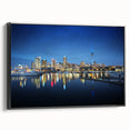 Black and white landscape art of Auckland, framed canvas, ideal for bedroom decor.