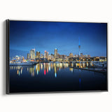 Black and white landscape art of Auckland, framed canvas, ideal for bedroom decor.