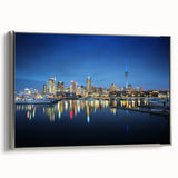 Framed canvas of Auckland landscape art painting with muted blues and greens, ideal for office decor.