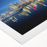 Art deco poster of Auckland skyline in muted blue tones on rolled canvas, suitable for dining room wall art.