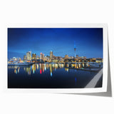 Extra large wall art featuring the Auckland skyline in muted gray and blue tones, ideal for art wall dining room.