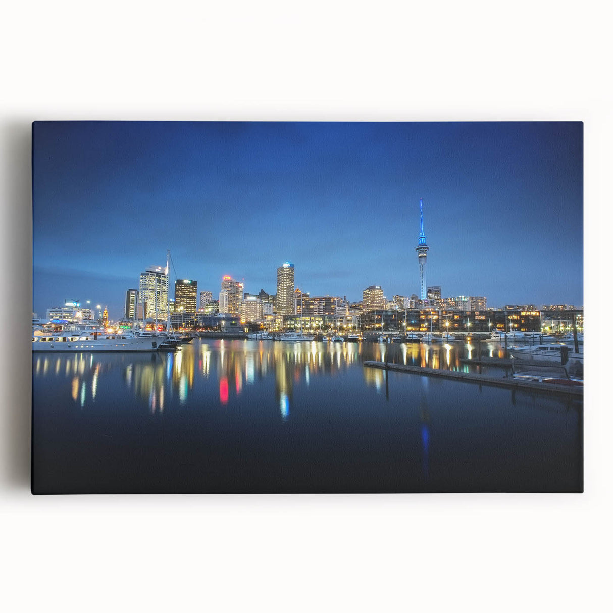 Black and white photograph of Auckland skyline on stretched canvas, ideal for kitchen wall art.