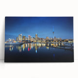Black and white photo of Auckland skyline on stretched canvas, ideal for kitchen wall art or bedroom ambiance.
