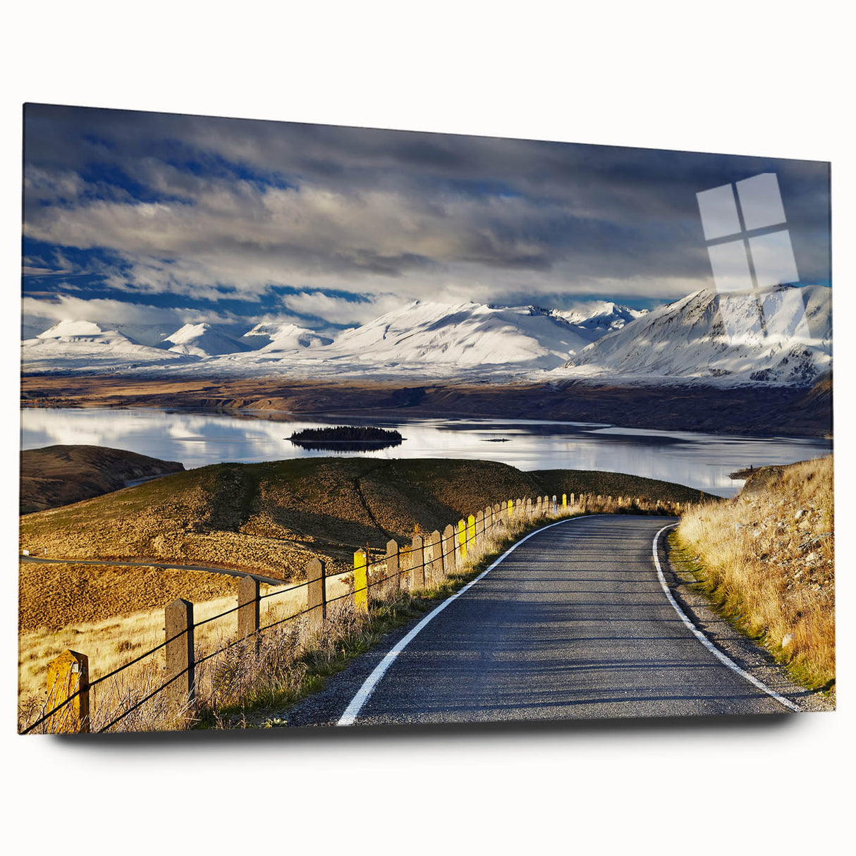 Large abstract wall art featuring a serene New Zealand Canterbury landscape in muted green and blue tones.