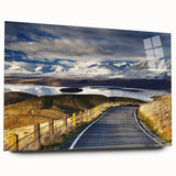 Large abstract wall art featuring a serene New Zealand Canterbury landscape in muted green and blue tones.