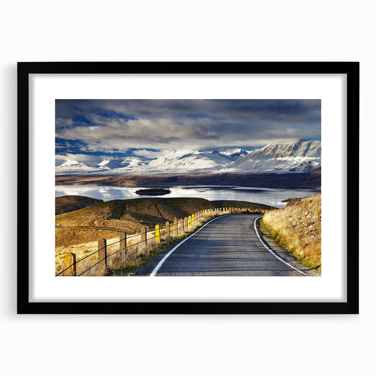 Colorful abstract art print of a New Zealand Canterbury landscape on a large canvas, framed in black.