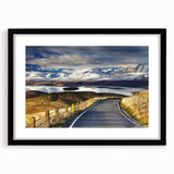 Colorful abstract art print of a New Zealand Canterbury landscape on a large canvas, framed in black.