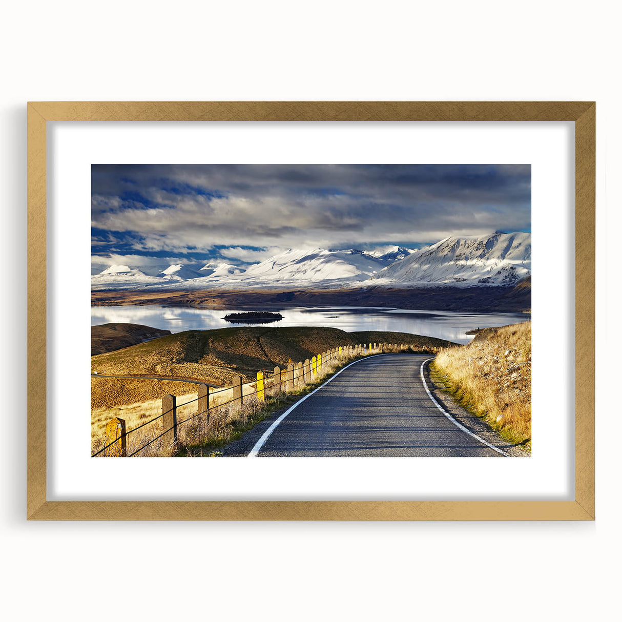 Extra large wall art featuring an abstract depiction of New Zealand's Canterbury scenery in gold frame.