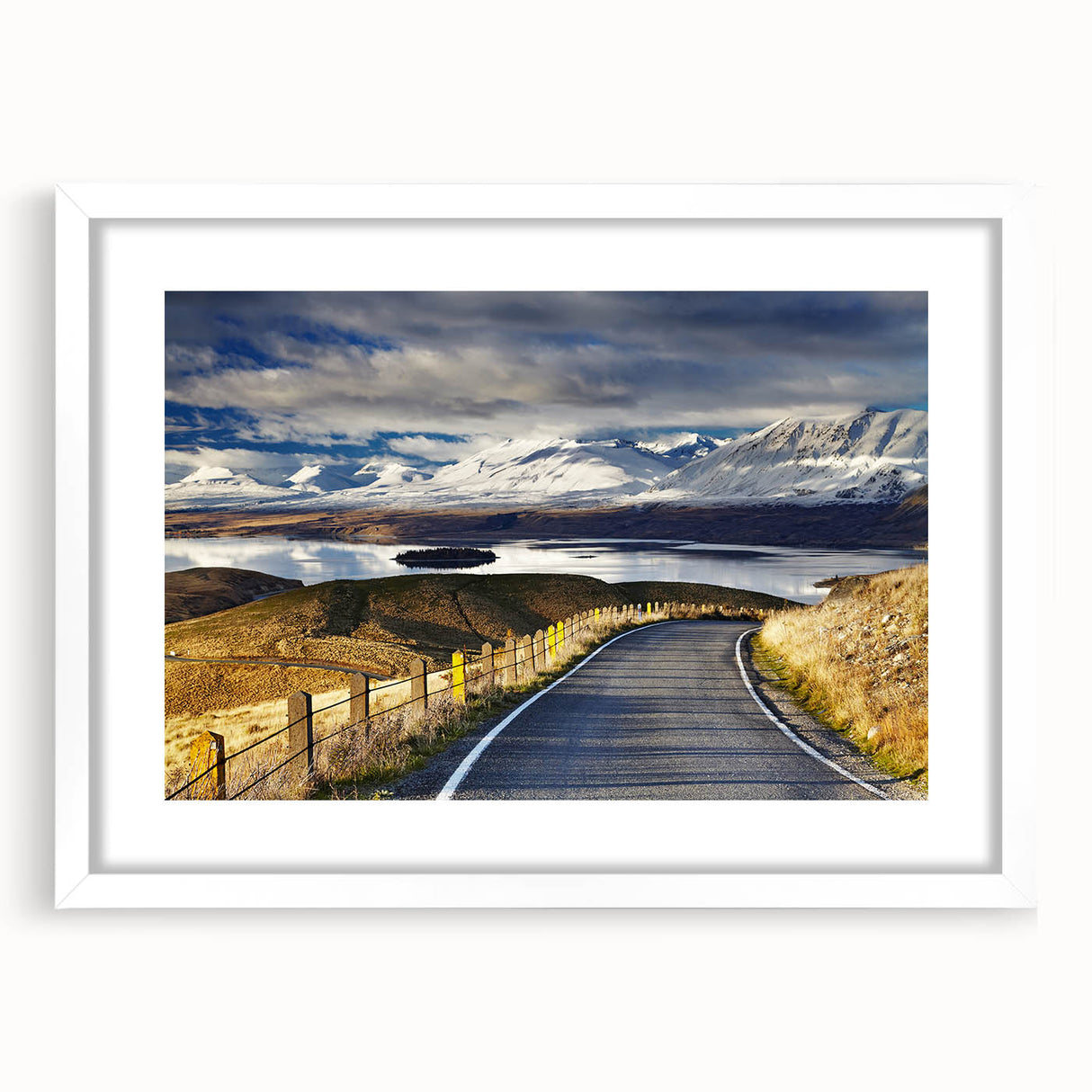 Abstract art print of New Zealand's Canterbury landscape in muted earth tones on a white-framed canvas.