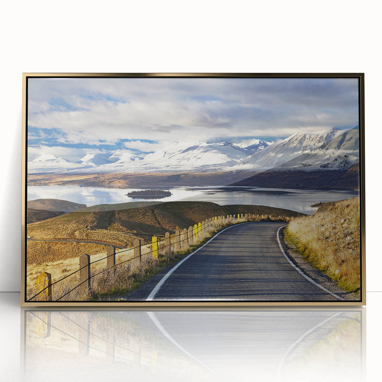 Mid-century modernist acrylic print of Canterbury, New Zealand scenery in muted earth tones, suitable for nursery wall art.