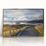 Mid-century modernist acrylic print of Canterbury, New Zealand scenery in muted earth tones, suitable for nursery wall art.