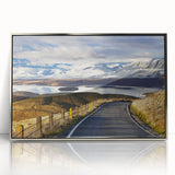 Mid-century modernist art depicting Canterbury, New Zealand scenery in muted earth tones on a silver-framed acrylic.