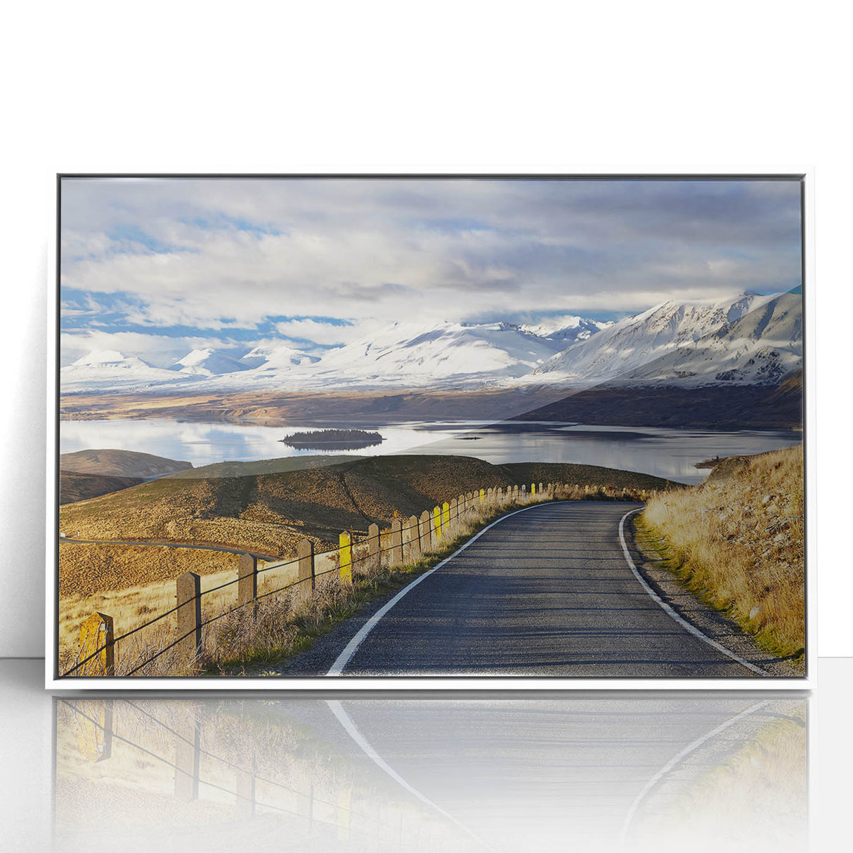 Art deco poster featuring the Canterbury, New Zealand scenery on white framed acrylic, ideal for modern nursery wall art.