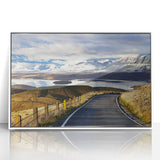 Art deco poster featuring the Canterbury, New Zealand scenery on white framed acrylic, ideal for modern nursery wall art.