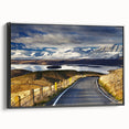 Black and white wall art featuring a vintage poster-style landscape of Canterbury, New Zealand on a framed canvas.