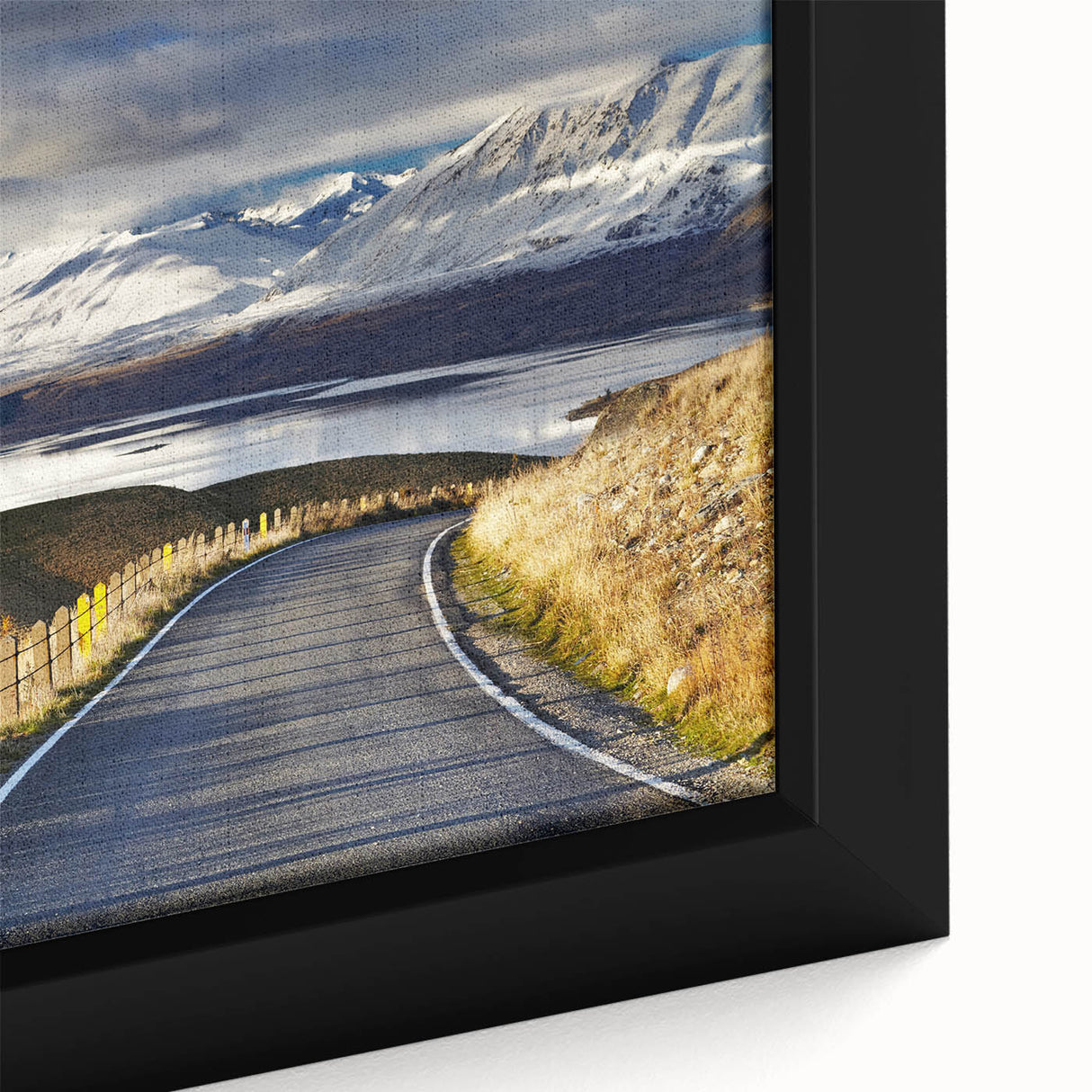 Black wall art featuring a textured depiction of Canterbury, New Zealand scenery on a framed canvas.