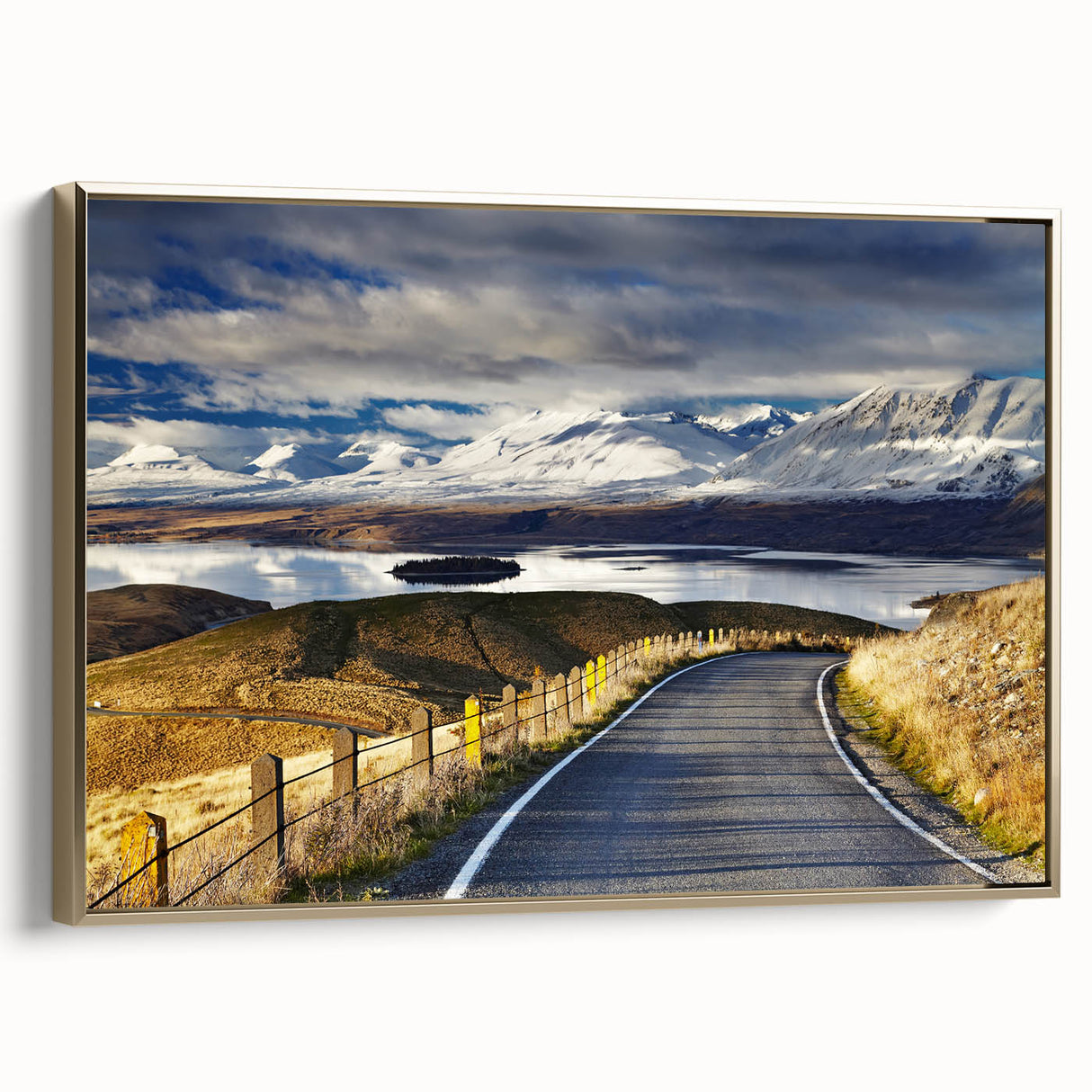 Framed canvas of a vintage-style New Zealand Canterbury landscape in muted earth tones, ideal for bedroom wall art.