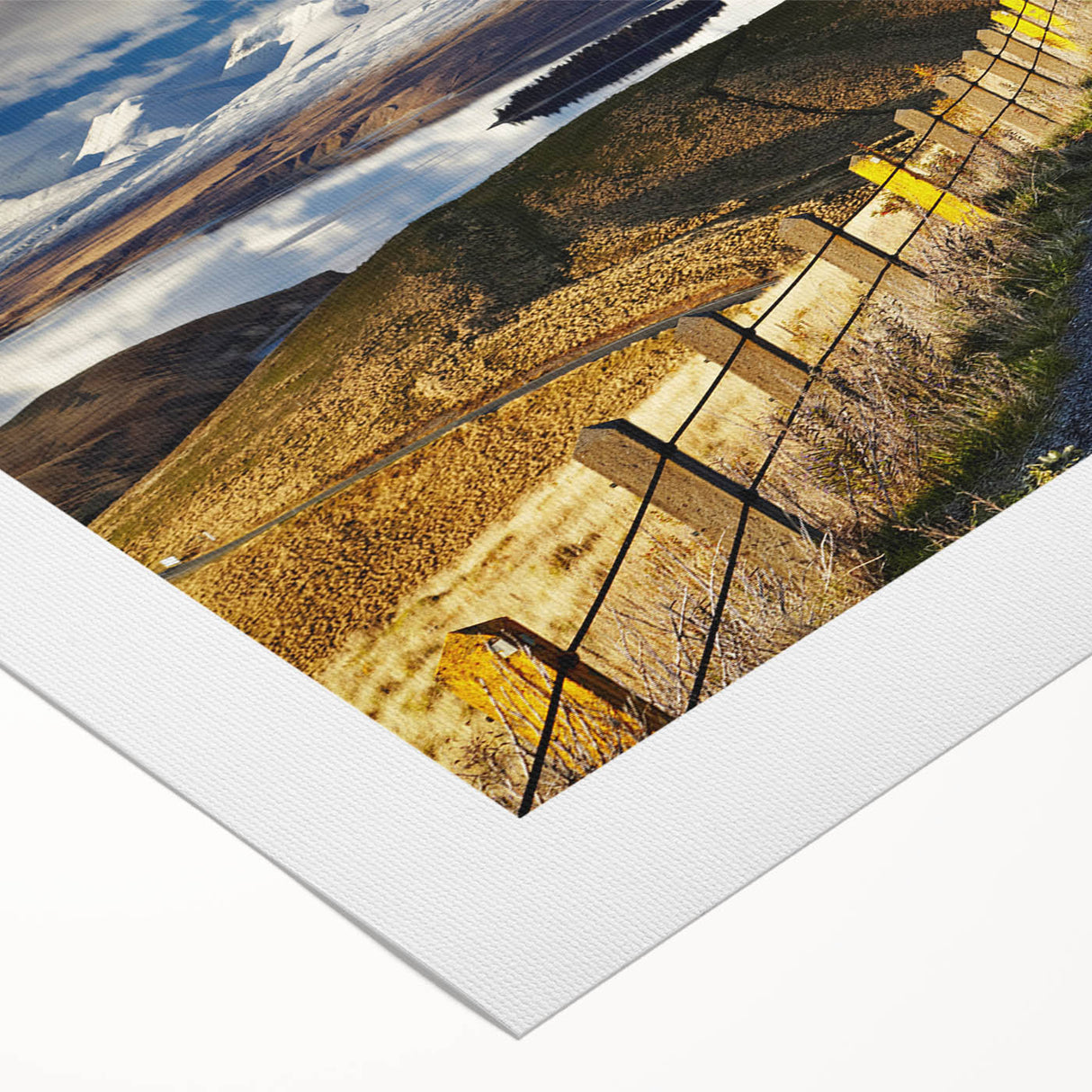 Art deco poster of Canterbury, New Zealand landscape in muted green and blue tones on rolled canvas.