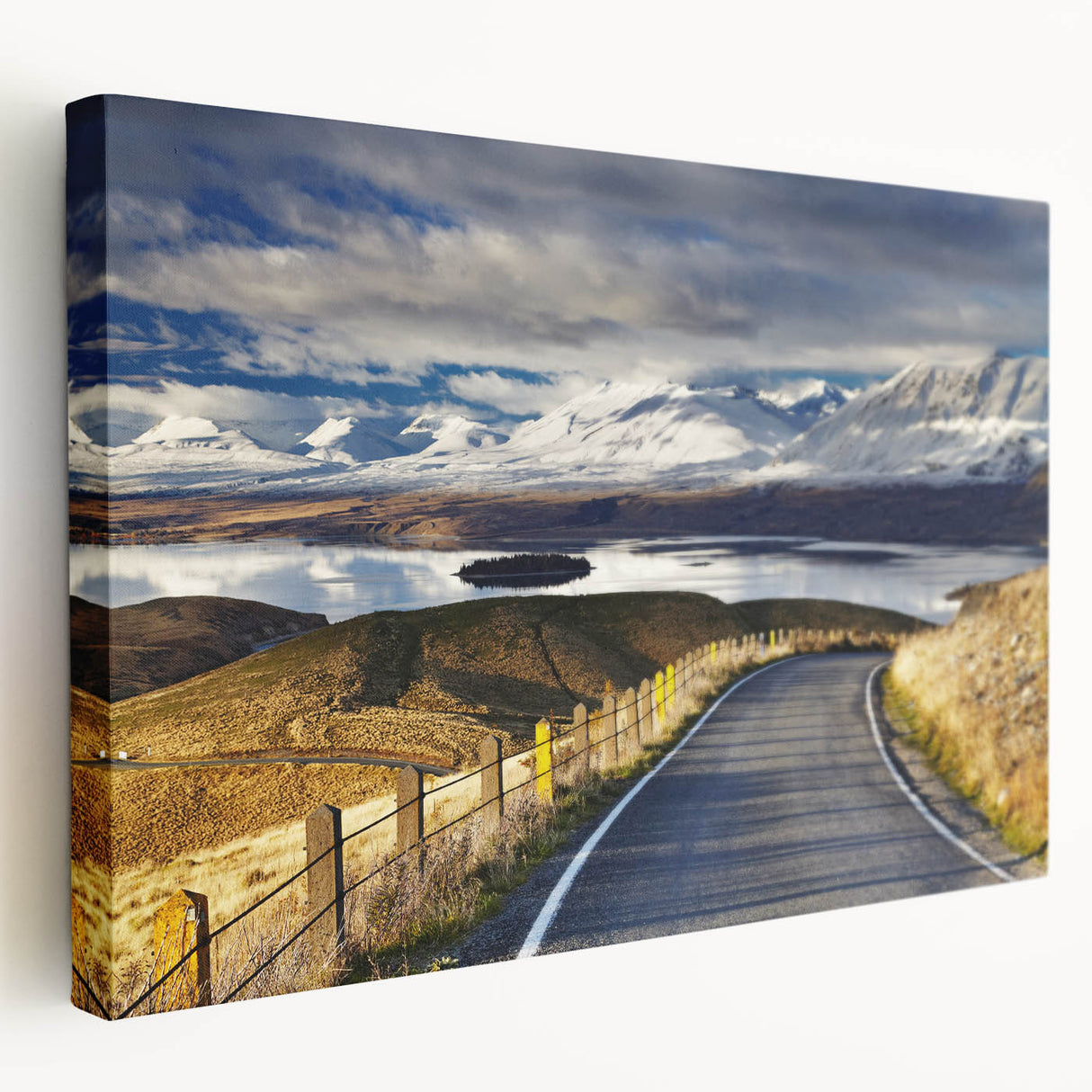 Large art print of Canterbury, New Zealand scenery on stretched canvas, featuring muted earth tones.
