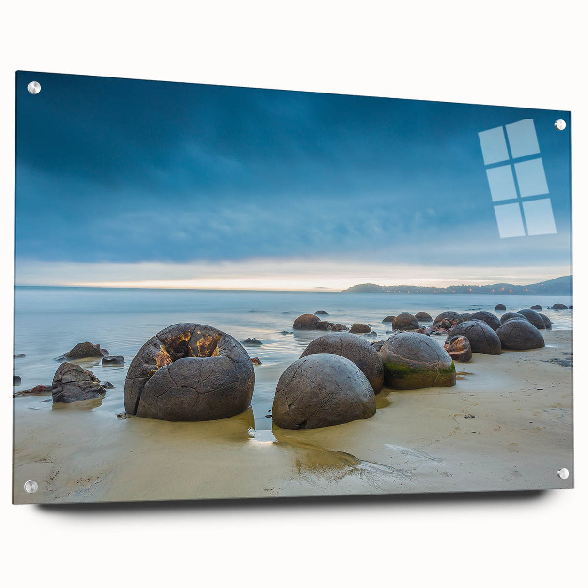 Acrylic print of a large abstract depiction of Otago, New Zealand in muted blue and green tones, ideal for dining room decor.