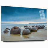 Large abstract wall art of Otago, New Zealand scenery in muted blues and greens on acrylic glass.