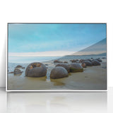 Art deco poster of Otago, New Zealand scenery in monochrome, framed in white acrylic, ideal for modern nursery wall art.