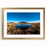 Extra large abstract art print of Taranaki scenery in New Zealand, featuring textured gold frame with mat.