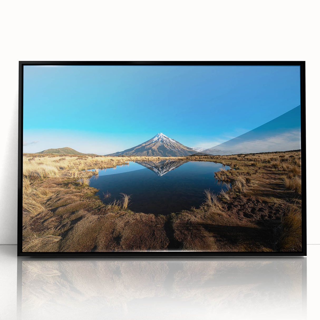 Large abstract wall art of Taranaki in New Zealand featuring muted earth tones on a framed acrylic.