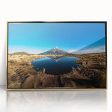 Framed acrylic print of Taranaki in New Zealand, featuring muted earth tones in a mid-century modernist style.