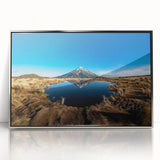 Mid-century modernist art depicting New Zealand's Taranaki scenery in muted earth tones on a framed acrylic print.