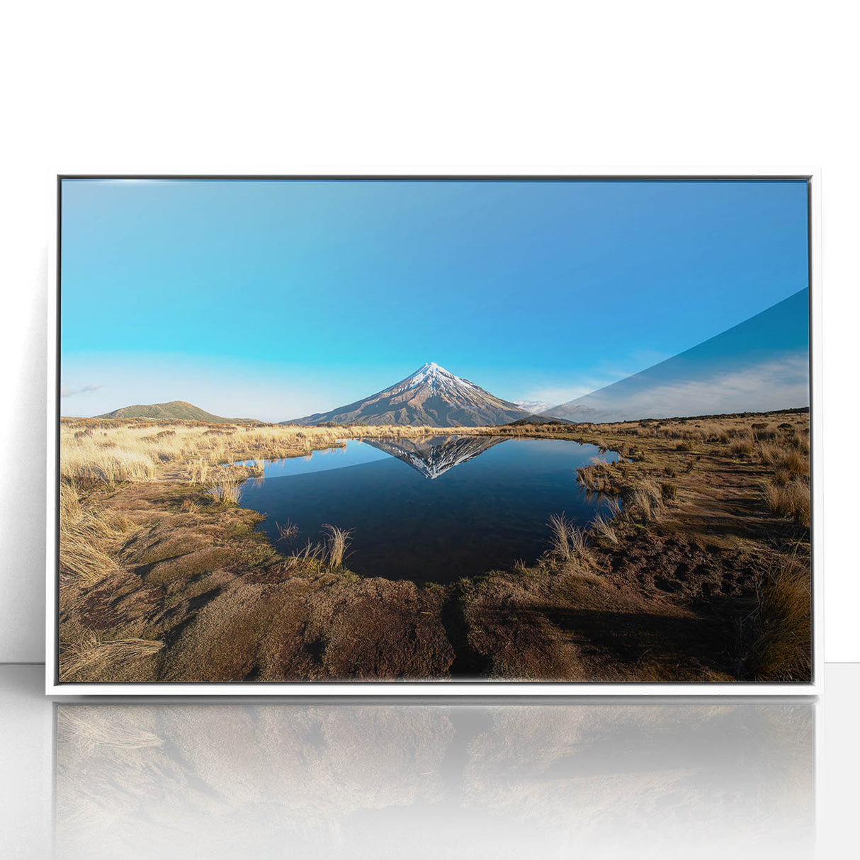 Modern art wall decor featuring a scenic New Zealand Taranaki landscape in muted greens and blues, framed acrylic.