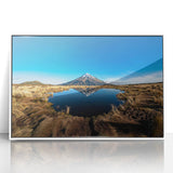 Modern art wall decor featuring a scenic New Zealand Taranaki landscape in muted greens and blues, framed acrylic.