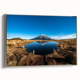 Framed canvas landscape art painting depicting New Zealand's Taranaki in vibrant colors, ideal for living room decor.
