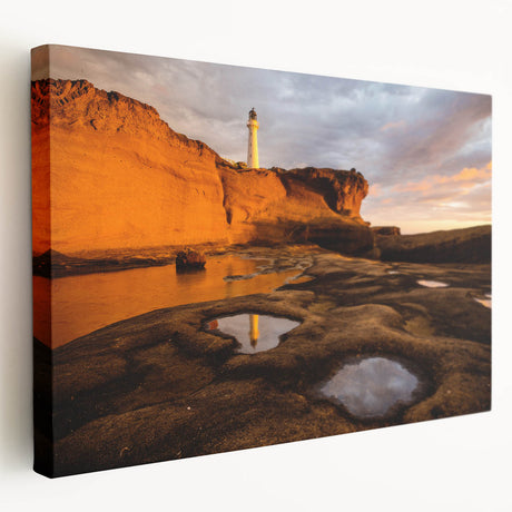 Side view of a stretched canvas featuring a serene Wellington, New Zealand landscape in soft blue and green tones.