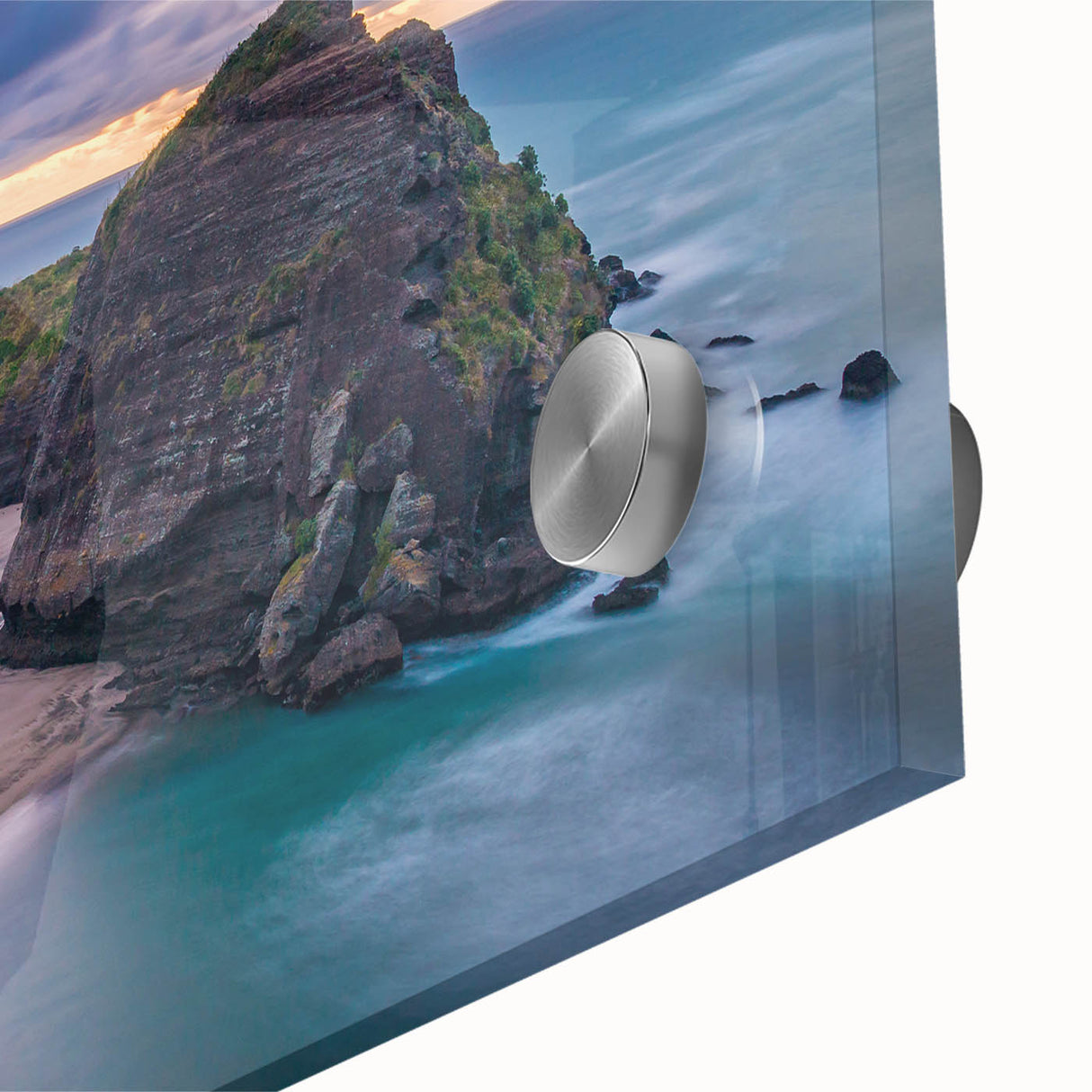 Large abstract wall art of New Zealand's west coast in muted blue and green tones on acrylic glass.