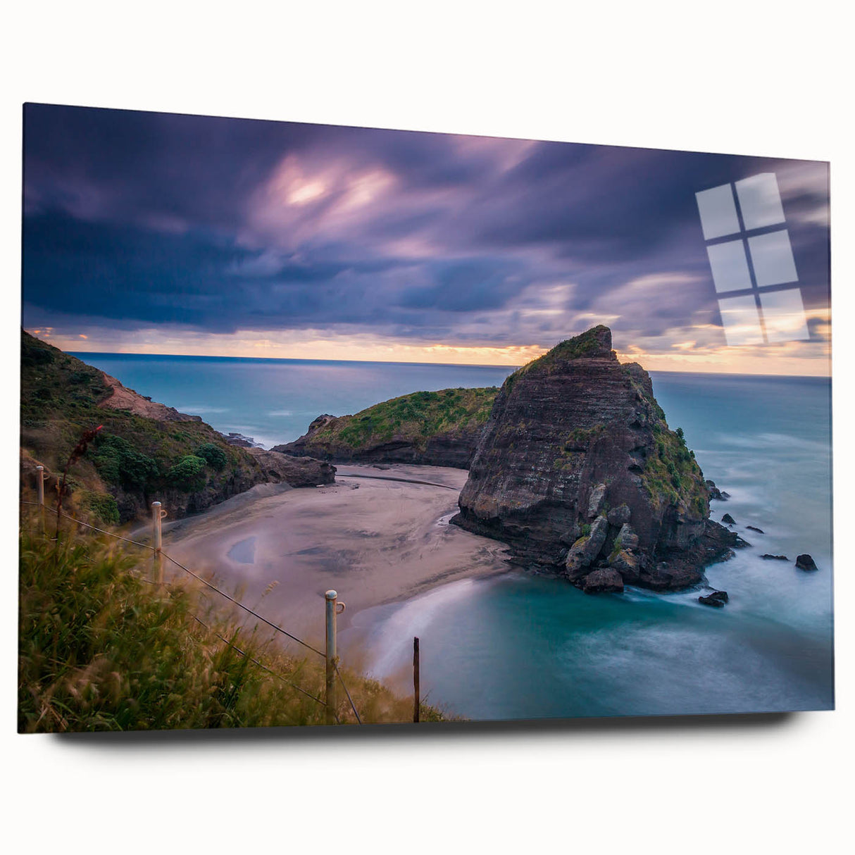 Large abstract wall art of New Zealand's West Coast in muted blue and green tones, acrylic print.