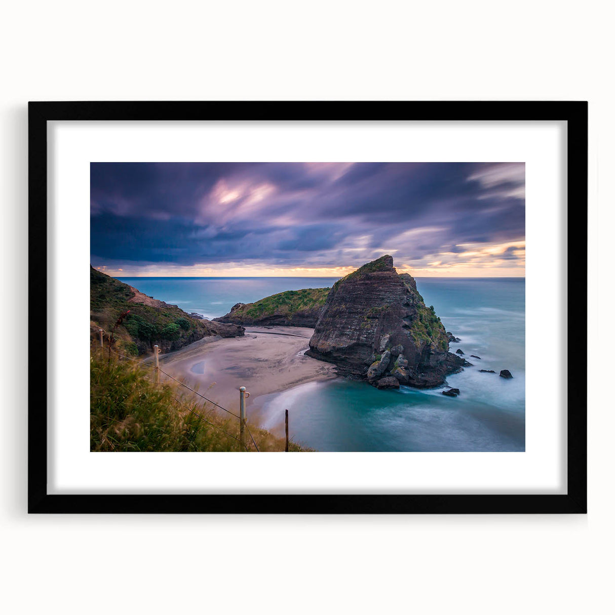 Extra large textured abstract art print of a colorful New Zealand West Coast scenery on a black framed canvas.