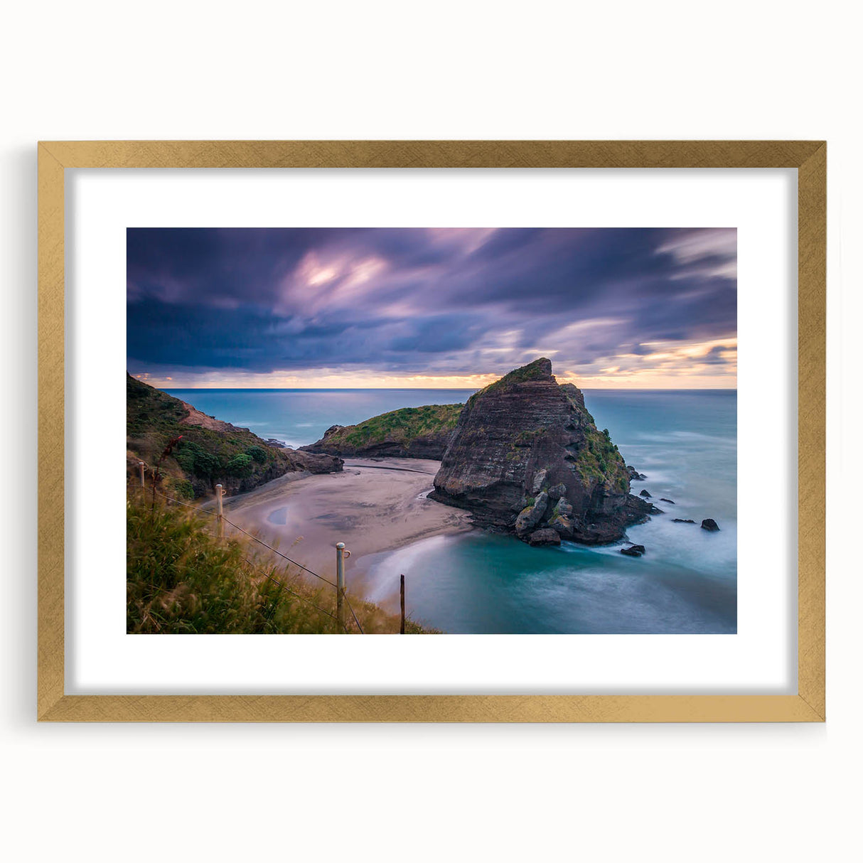Extra large abstract art print of New Zealand's West Coast in textured style, gold-framed, suitable for living room decor.