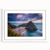 Abstract art print of New Zealand's West Coast in muted gray and blue tones, framed with a white mat.