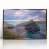 Mid-century modernist art of New Zealand's West Coast in muted green and blue hues, framed acrylic print.