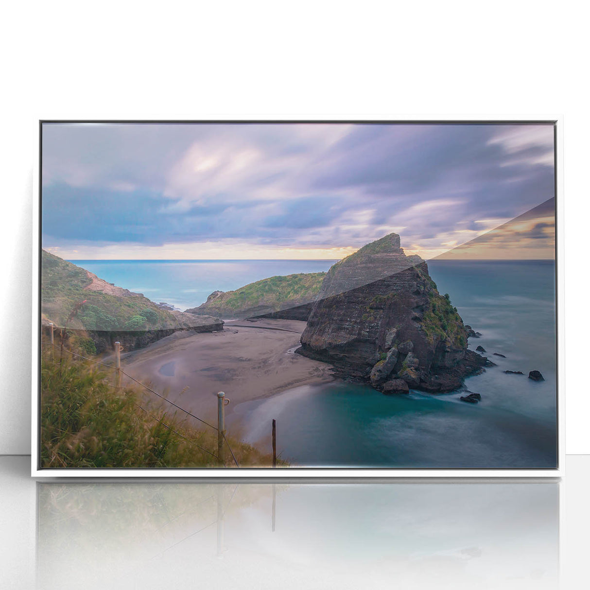 Acrylic print of a serene New Zealand West Coast landscape in muted earth tones, framed in white.
